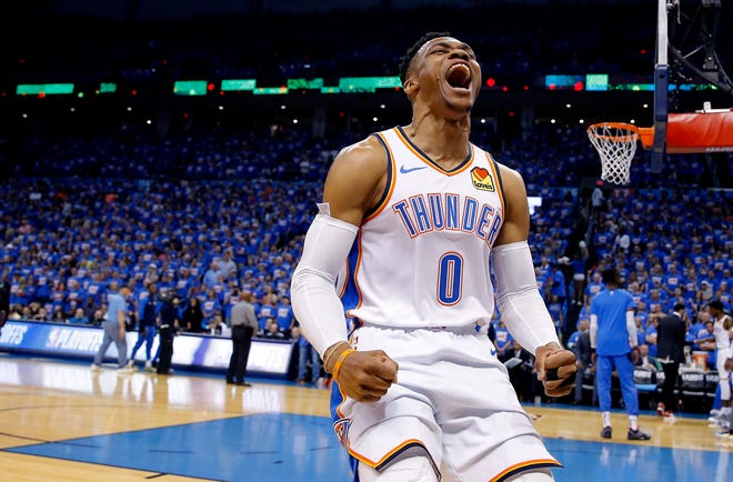 Oklahoma City's Russell Westbrook (0) cheers before Game 4 in the first round of the NBA playoffs between the Portland Trail Blazers and the Oklahoma City Thunder at Chesapeake Energy Arena in Oklahoma City, Sunday, April 21, 2019. Photo by Sarah Phipps, The Oklahoman