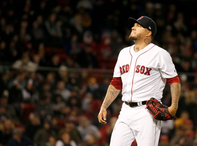 Boston Red Sox starting pitcher Hector Velazquez (76) looks up as he is pulled from the game during the fourth inning of a baseball game against the Detroit Tigers, Tuesday, April 23, 2019, in Boston. (AP Photo/Mary Schwalm)