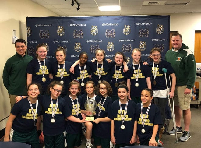 After a lot of hard work, the St Raphael’s School fifth and sixth grade girls’ basketball team is the runner-ups in the New England CYO School Division tournament recently after winning the CYO Archdiocese of Boston playoffs. The team is made up of, from left, front row, Abigail Royo, Marissa Aldebot, Melanie Simmons, Makenzie Potter, Caroline Kopecky, Sofia Baldassarre and Amaya Suazo. Second row, coach Lawlor, Grace Lawlor, Shayla Polston, Asia Gaston, Molly Corcoran, Julia Hannraty, Porter Wall, Molly Corcoran and coach Simmon. [Courtesy photo]