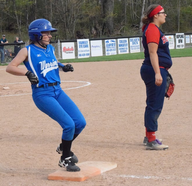 Buckeye Trails Abby Wable (9) runs into first base during Wednesdays game against Indian Valley.