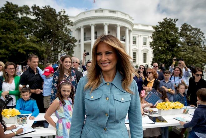 First lady Melania Trump attends the annual White House Easter Egg Roll on the South Lawn of the White House, Monday, April 22, 2019, in Washington.