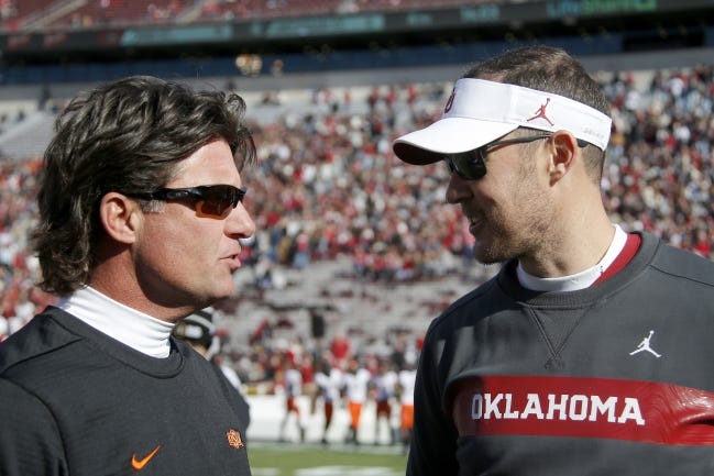 Oklahoma State football coach Mike Gundy, left, and Oklahoma coach Lincoln Riley discussed the controversial NCAA transfer portal during the Big 12 teleconference on Tuesday. [Bryan Terry/The Oklahoman]
