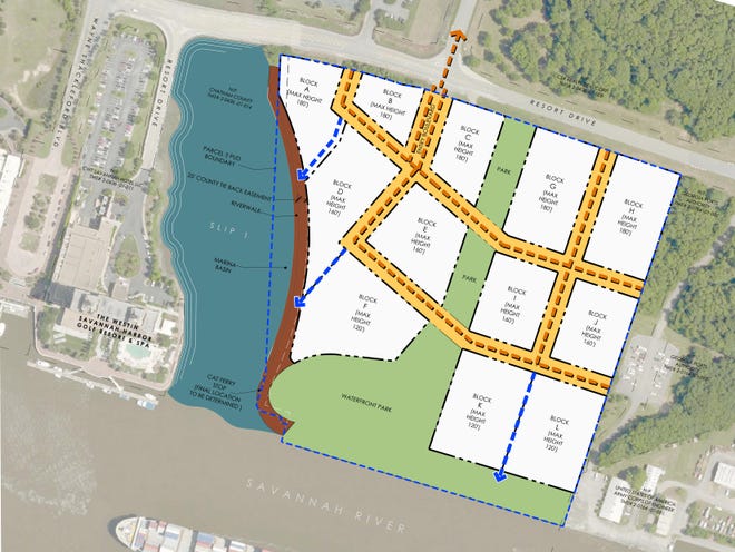 The first phase of Savannah Harbor includes developing blocks A, D and F on the west side of the 27-acre site for residential use, in addition to development of the marina, a public plaza and greenspace. [Courtesy of Metropolitan Planning Commission]