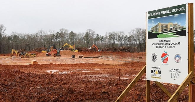 Construction of the new Belmont Middle School on South Point Road is underway. [JOHN CLARK/THE GASTON GAZETTE]