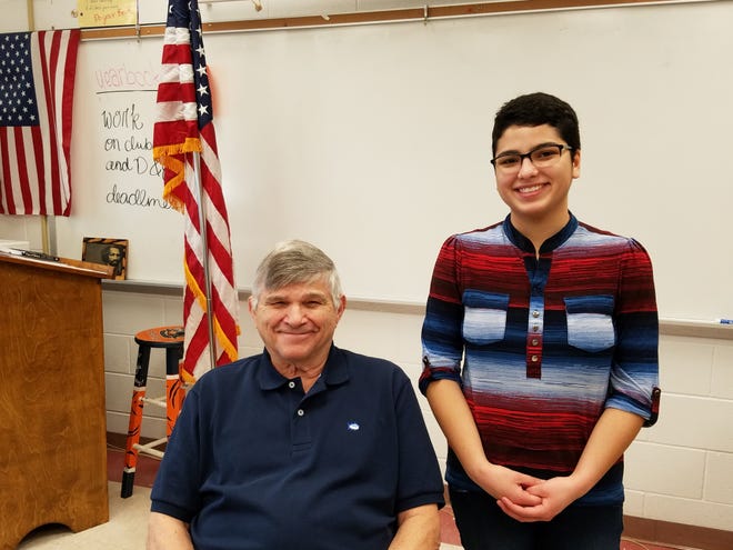 Senior Master Sgt. George Legge, seated, was among the veterans interviewed by Niceville High School students for the Veterans Heritage Project. He was interviewed by Angellee Morales Rios. [CONTRIBUTED PHOTO]