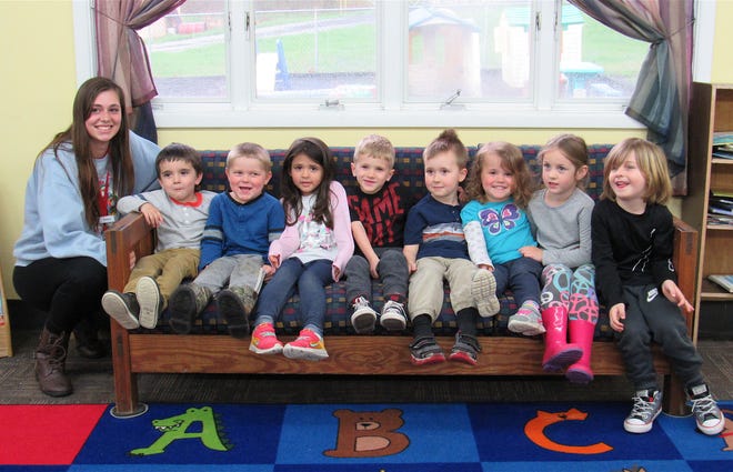 Beth Holderbaum’s YMCA preschoolers who celebrated Arbor Day and received treats by the VFW Auxiliary included (left to right) Assistant Pre-school teacher Amber Wisenbarger, Sebastian Jovingo, Gabriel Powell, Harlow Sallade, Khail Dillon, Noah Tullos, Olivia Addis, Lucy Pewton and Declan Sullivan.