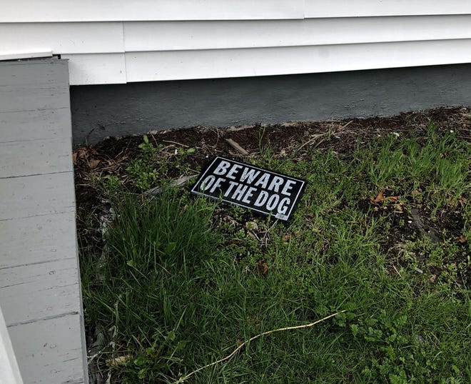 A beware-of-dog sign sits on the lawn of an apartment house on Broadway Friday, April 26, 2019 in Taunton, where police say six pit bulls escaped Wednesday night and attacked a woman and her small dog. [Taunton Gazette photo by Charles Winokoor]