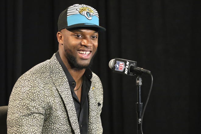 Kentucky linebacker Josh Allen speaks at a press conference after the Jacksonville Jaguars selected Allen in the first round of the NFL Draft, Thursday, April 25, 2019 in Nashville, Tenn. (AP Photo/Vera Nieuwenhuis)