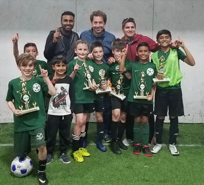 Back row, left to right: Coaches Drew Patel, John Roche and Allan Reyes. Front row, left to right: Jack Roche, Amir Mansoor, Aiden Patel, Eli Peck, Cristian Reyes, Kai Matson, Arin Patel, and Krish Patel. Not pictured: Danny Perras, Jacob Flanagan, Sully McCarthy, and Beckett Costabile. [Submitted photo]