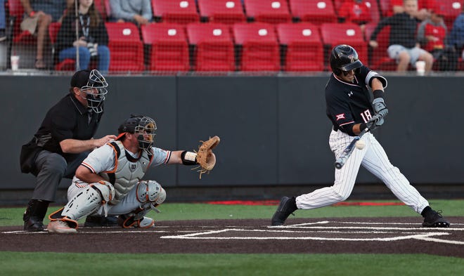 Texas Tech's Cole Stilwell (18) hits the ball during a Big 12 Conference game Friday against Oklahoma State at Dan Law Field at Rip Griffin Park. Stilwell ended the game going 1 for 4 for with three RBI. [Sam Grenadier/A-J Media]