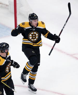 Bruins center Charlie Coyle celebrates after scoring against the Columbus Blue Jackets in Game 1 of a second-round series Thursday at TD Garden. [The Associated Press]