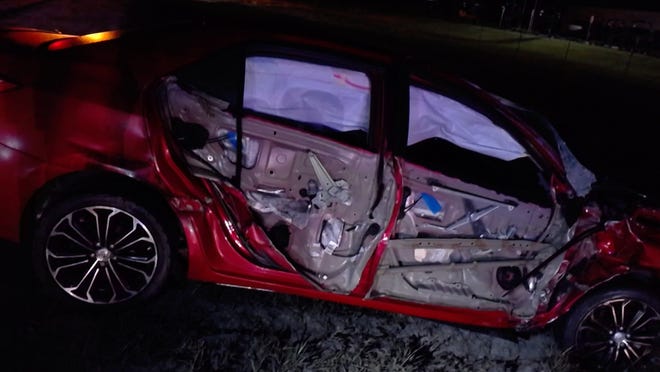 Picture of a Toyota Corolla that was side-swiped by a tractor-trailer in a hit-and-run incident on Interstate 4 early Saturday morning. [PROVIDED PHOTO/FLORIDA HIGHWAY PATROL]