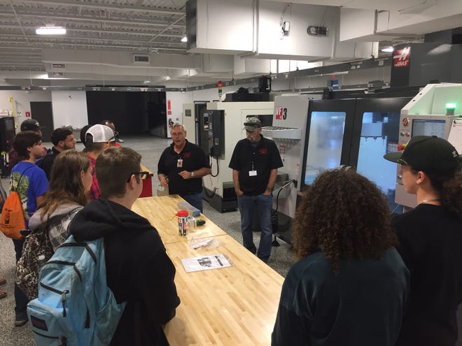 Leesburg High School students toured the Lake Tech campus and were able to see a CNC project in progress, experience the live ambulance simulator and practice their bead lines on a welding simulator. [Submitted]