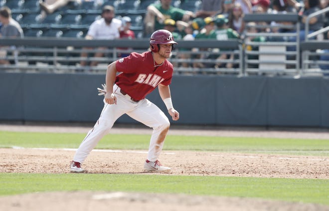 Alabama's Joe Breaux, shown during Alabama's 5-4 loss to LSU on Sunday, April 28, 2019, led off and was hit by a pitch in the bottom of the ninth. [Photo/UA Athletics]