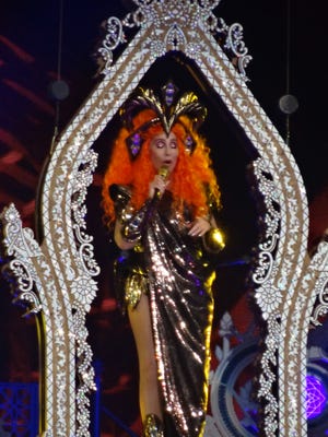 Cher appears in an elaborate costume early in her Sunday night concert at TD Garden in Boston. [Roza Yarchun]