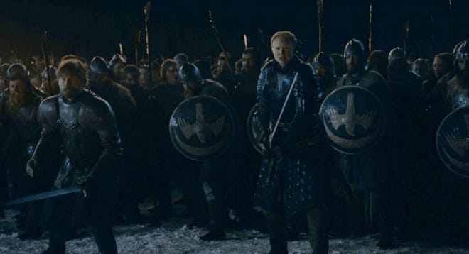 Nikolaj Coster-Waldau (left) Gwendolyn Christie stand on the front lines of the Battle of Winterfell in Sunday’s episode of the final season of HBO’s “Game of Thrones.” [HBO]