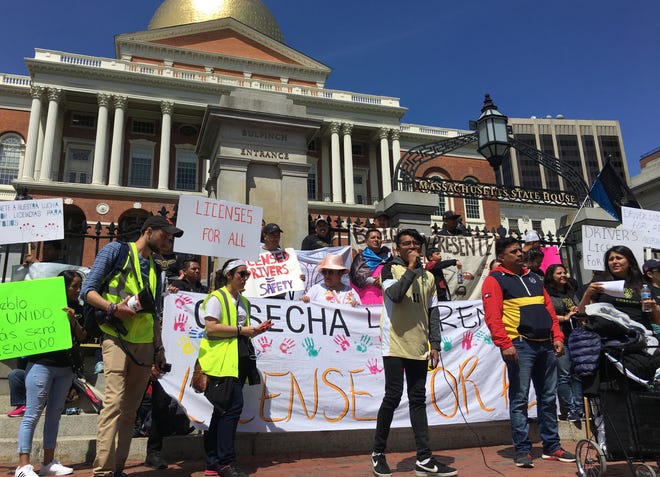 Li Adorno of Movimiento Cosecha told ralliers Monday that undocumented immigrants are caught in a "toxic cycle" because they are unable to legally obtain driver's licenses but are stopped and detained if caught driving without one. (Katie Lannan/SHNS)