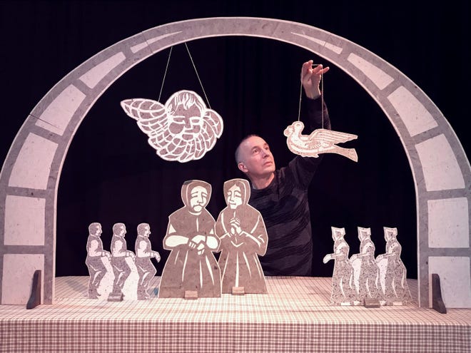 reg Gathers, co-director of Pontine Theater, with some of the toy theater elements showcased in a performance that he will do during "Enfield Shaker Experience" at Strawbery Banke on Saturday, May 4. [Courtesy photo]