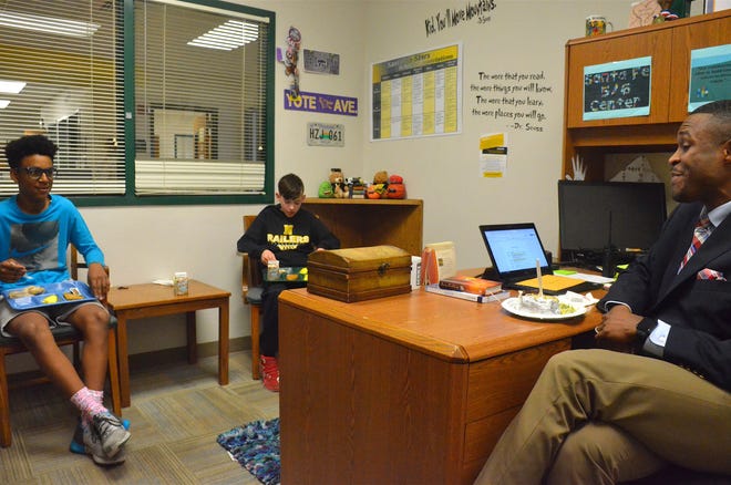 Santa Fe 5/6 Center assistant principal Brandon Cheeks said he feels a call to provide guidance to any student in need — though he is aware that having a similar background can help him relate better in certain situations. [KELLY BRECKUNITCH/Newton Kansan]