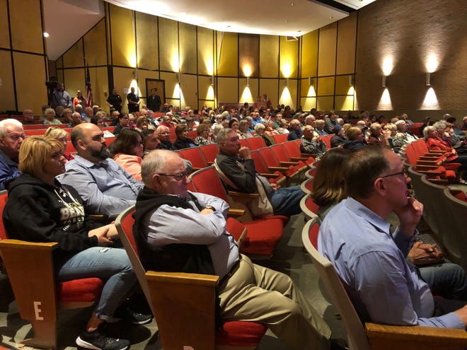 A crowd of well over 200 people gathered at the Pulaski School in the far North End to hear a presentation from Parallel Products on the recycling facility they plan to establish at the New Bedford Business Park. [ JACK SPILLANE/THE STANDARD-TIMES ]