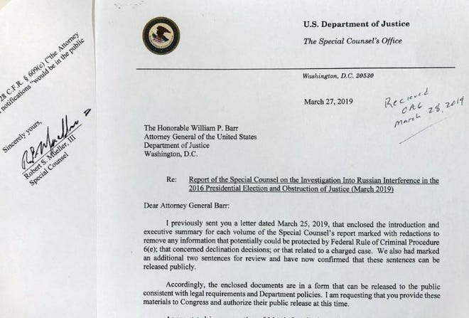 The letter special counsel Robert Mueller sent to Attorney General William Barr on March 27, 2019. [Wayne Partlow/The Associated Press]