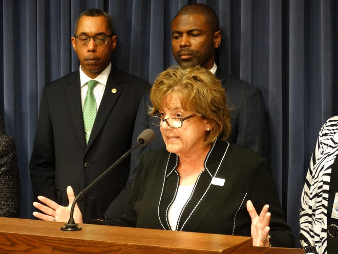Barbara Wilson, executive vice president of the University of Illinois system, speaks about the impact additional funding cuts to higher education could have on the state’s largest university during a news conference with Reps. Nicolas Smith (rear left) and LaShawn Ford, the vice chair and chairman of the House higher education budget committee. (Capitol News Illinois photo by Peter Hancock)