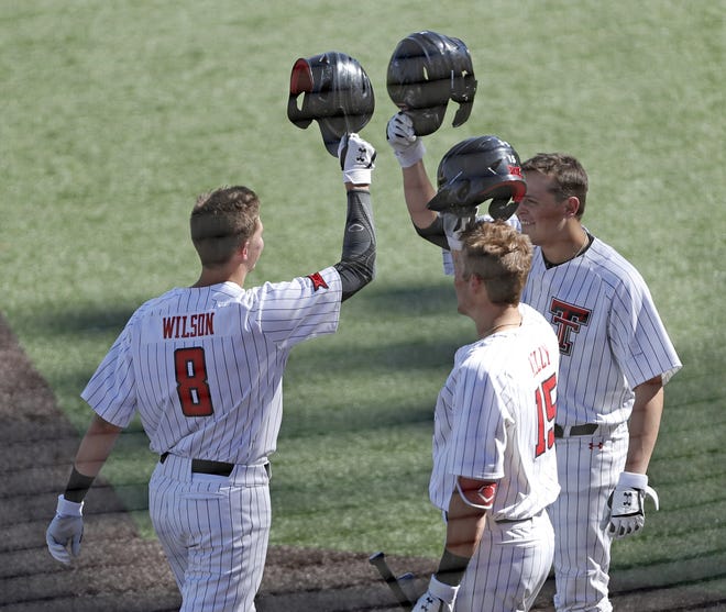 Texas Tech's Kurt Wilson (8) celebrates with his teammates after hitting a two-run home run during the game against Texas-Rio Grande Valley, Wednesday, May 1, 2019, at Dan Law Field at Rip Griffin Park in Lubbock, Texas. [Brad Tollefson/A-J Media]