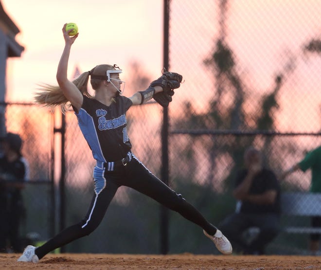 North Bay Haven's Katie Walters throws a pitch during a softball game against Pensacola Catholic on April 29, 2019. [PATTI BLAKE/THE NEWS HERALD]