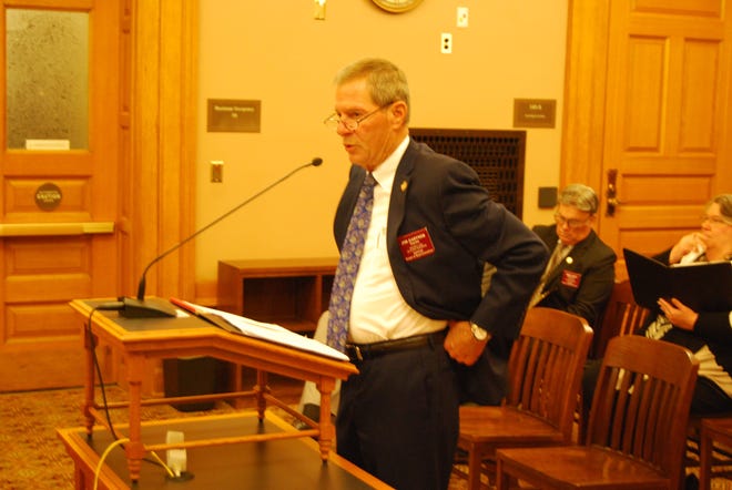 Rep. Jim Gartner, D-Topeka, outlines details of a tax reform bill scheduled for debate Thursday night on the Senate floor. The bill provides about $240 million in tax relief over three years. [Tim Carpenter/The Capital-Journal]
