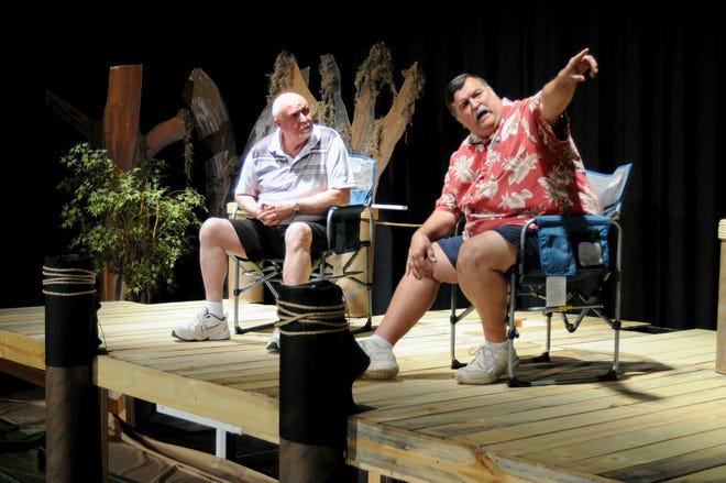 Jim Champion (left) and Greg Dixon rehearse a scene for Catfish Moon, opening Friday evening at the Joy Performance Center in Kings Mountain. [Bryan Hallman/Special to The Star]