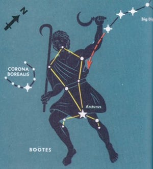 Cornea Borealis, the Northern Crown, is at left of the kite-shaped Bootes the Herdsman constellation. When seen rising in the eastern sky the “kite” is on its side and the Crown is below it oriented like a capital letter “D.” Note how the stars of the curving Big Dipper’s handle, at top right, may be traced to locate the bright orange Arcturus.

http://pachamamatrust.org