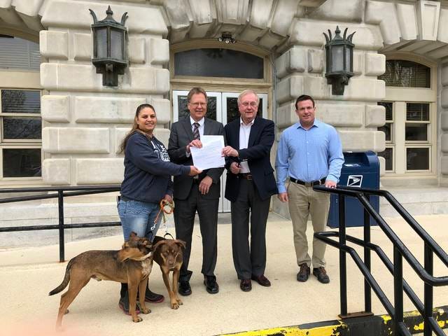 Vanessa Heenan, Executive Director with the Boone Area Humane Society met with the Boone County Board of Supervisors Wednesday morning with her two dogs Goliath and Louie to sign a Proclamation instating May 5 to 12 as “Be Kind to Animals Week in Boone. Also included in the image from left: Board of Supervisors, Bill Zinnel, Steve Duffy and Chad Behn/Photo by Logan Kahler