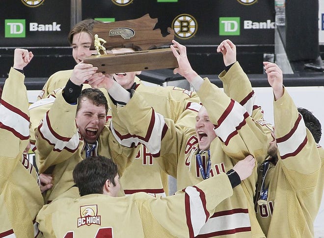 Boston College High School hockey players celebrate after beating Pope Francis in the fourth overtime period of the Super 8 final at the TD Garden on Sunday, March 17, 2019. (Greg Derr/The Patriot Ledger)