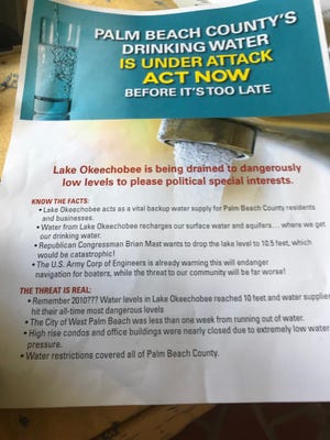 A flyer distributed over the weekend by the South Florida Water Coalition, Inc. raises concerns about how lower Lake Okeechobee levels could hurt West Palm Beach's drinking water supply. Contributed