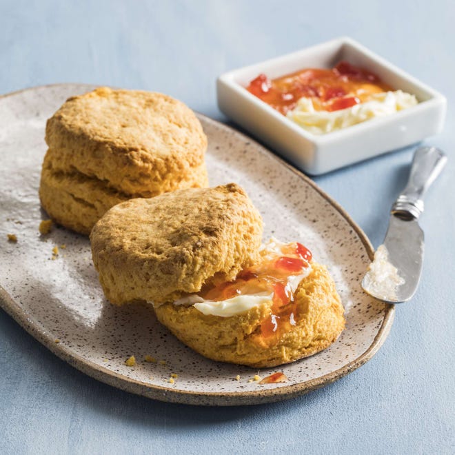 This Sweet Potato Biscuit recipe appears in the cookbook "Vegetables Illustrated." (Steve Klise/America's Test Kitchen via AP)