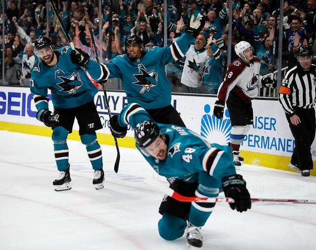 San Jose Sharks’ Joonas Donskoi, left, and Evander Kane celebrate a goal by Tomas Hertl (48) during the third period of Game 5 of the team’s NHL hockey second-round playoff series against the Colorado Avalanche on Saturday in San Jose, Calif. (AP Photo/Ben Margot)
