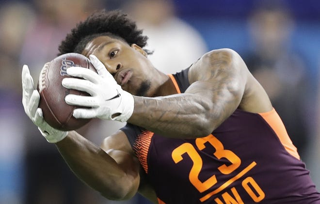 Arizona State's N'Keal Harry makes a catch at the NFL Combine in March. [AP, file / Darron Cummings]