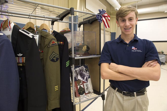 Benjamin Mack-Jackson showcased his traveling museum containing military memorabilia from veterans he has intervied as part of his World War II Veteran History Project. [GateHouse Media File]