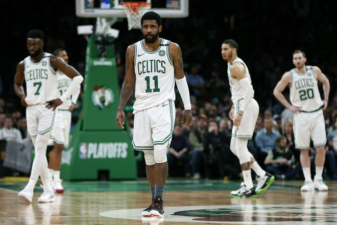 The Celtics' Jaylen Brown, Marcus Morris, Kyrie Irving, Jayson Tatum and Gordon Hayward, from left, wait for the ball to be put in play by the Bucks during the second half of Monday night's fourth game in their second-round playoff series. Hayward went 1-for-5 for two points in the game, won by Milwaukee, 113-101. [AP / Michael Dwyer]
