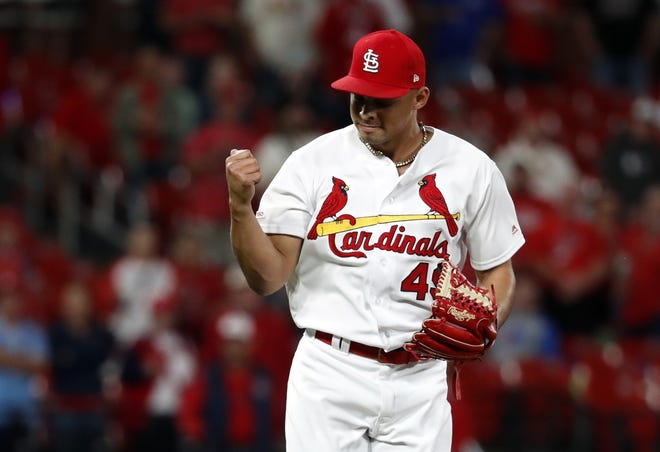 St. Louis Cardinals relief pitcher Jordan Hicks celebrates after striking out Philadelphia Phillies' Rhys Hoskins for the final out Monday in St. Louis. [JEFF ROBERSON/THE ASSOCIATED PRESS]
