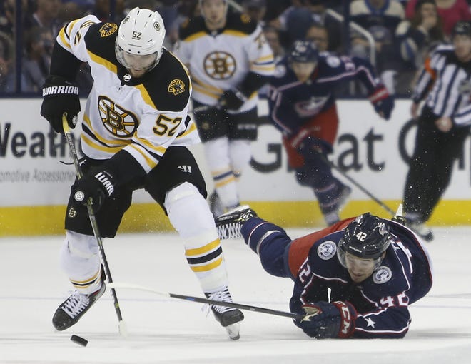 Columbus Blue Jackets' Alexandre Texier, right, of France, tries to steal the puck from Boston Bruins' Sean Kuraly during the first period of Game 6 of a second-round playoff series Monday, in Columbus, Ohio. [JAY LaPRETE/THE ASSOCIATED PRESS]
