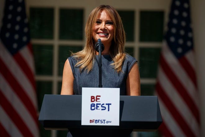 First lady Melania Trump speaks during a program for her "Be Best" initiative in the Rose Garden of the White House, Tuesday in Washington.