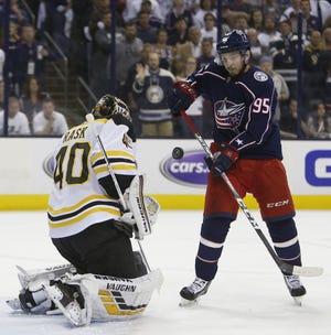 Bruins goaltender Tuukka Rask (left) makes a save against Columbus Blue Jackets' Matt Duchene during the second period of Game 6 of a second-round playoff series on Monday in Columbus, Ohio. [AP File Photo/Jay LaPrete]