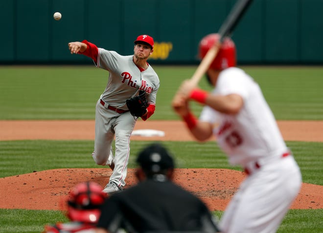 Phillies pitcher Jerad Eickhoff allowed three hits over eight innings in his team's win over St. Louis. (AP Photo/Jeff Roberson)
