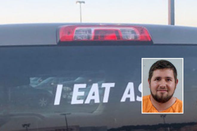 Dillon Webb, inset mug shot, provided this photo of the back window of his pickup. [Submitted]