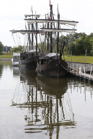 The replica ships Nina and Pinta are docked and open for tours in the Yacht Basin in Demopolis through the weekend. The ships are seen moored in the basin Friday, May 3, 2019. [Staff Photo/Gary Cosby Jr.]