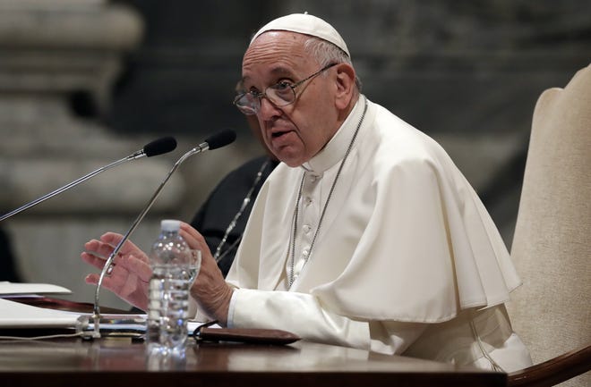 Pope Francis speaks during a meeting with the dioceses of Rome, at the Vatican Basilica of St. John Lateran, in Rome, Thursday. [Alessandra Tarantino/AP Photo]