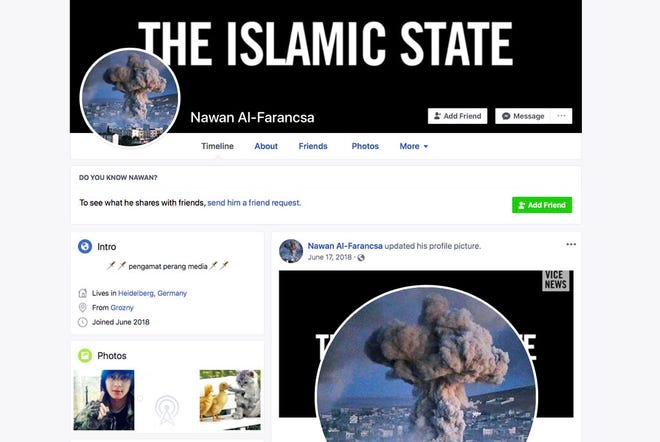 A banner reading "The Islamic State" is displayed on the Facebook page of a user identifying himself as Nawan Al-Farancsa. The page was still live Tuesday, May 7, 2019, when the screen grab was made. Facebook says it has robust systems in place to remove content from extremist groups, but a sealed whistleblower's complaint reviewed by the AP says banned content remains on the web and is easy to find. (Facebook via AP)