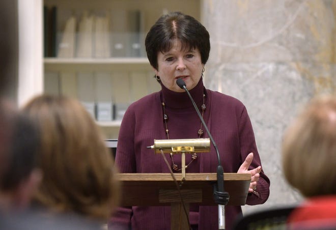 Worcester Superintendent of Schools Maureen Binienda speaking during a celebration of the passing of An Act to Promote and Enhance Civic Engagement at the American Antiquarian Society last November. [T&G Staff/Rick Cinclair]