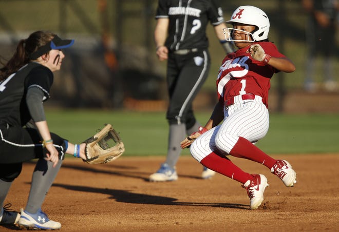 Elissa Brown cruises into second base with a steal as the Tide played Georgia State in Rhoads Stadium Wednesday, April 10, 2019. [Staff Photo/Gary Cosby Jr.]